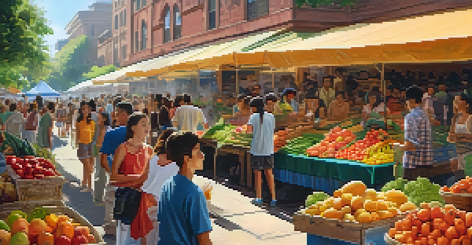 A lively local food market with teenagers sampling exotic fruits and engaging with vendors.