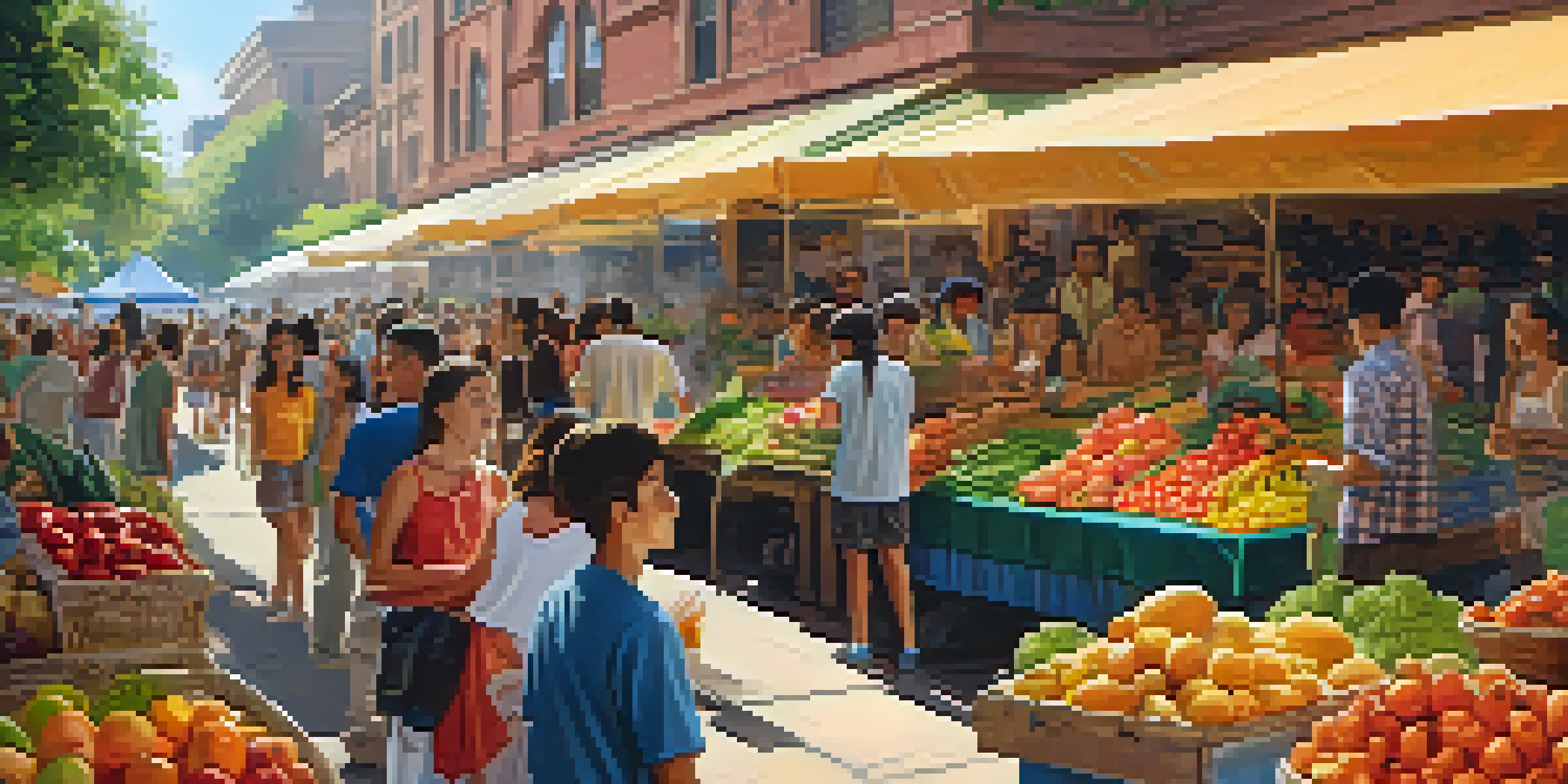 A lively local food market with teenagers sampling exotic fruits and engaging with vendors.