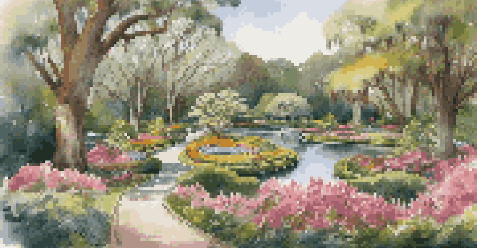 Aerial view of Magnolia Plantation and Gardens with vibrant flowers and ancient oak trees.