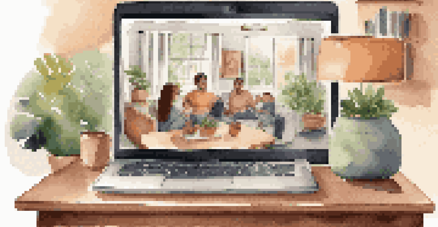 A cozy living room with a laptop displaying a family group chat, symbolizing connection and communication.