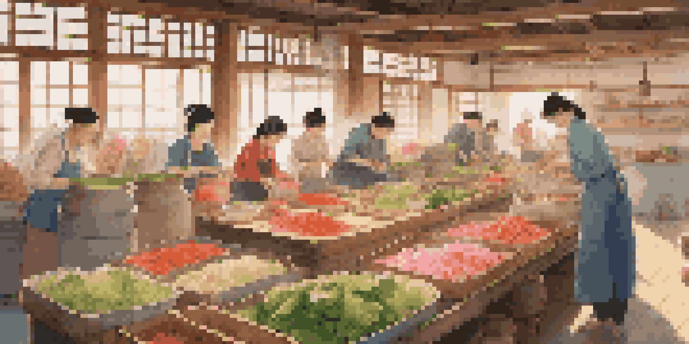 A lively group of people making kimchi in a bright kitchen, surrounded by colorful vegetables and traditional Korean decor.