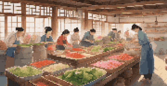 A lively group of people making kimchi in a bright kitchen, surrounded by colorful vegetables and traditional Korean decor.