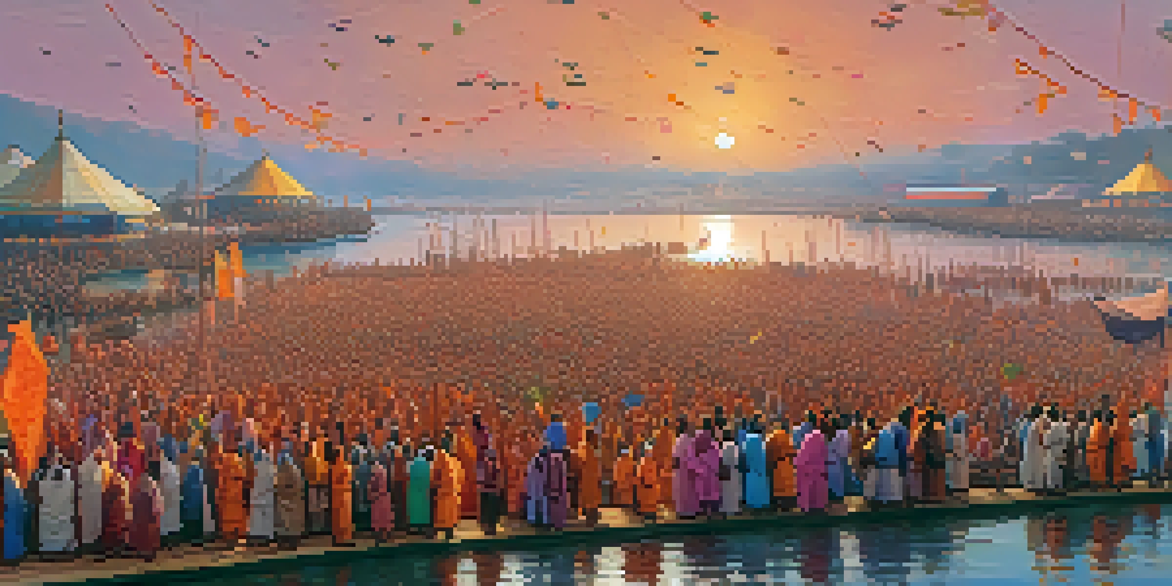 A large gathering of pilgrims bathing in a river at sunrise during Kumbh Mela, with colorful tents and sadhus in traditional clothing.