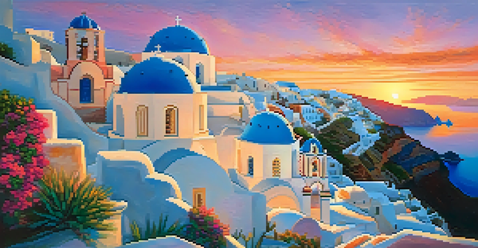 A stunning sunset view over Santorini's caldera, with white buildings and blue domes silhouetted against a colorful sky.