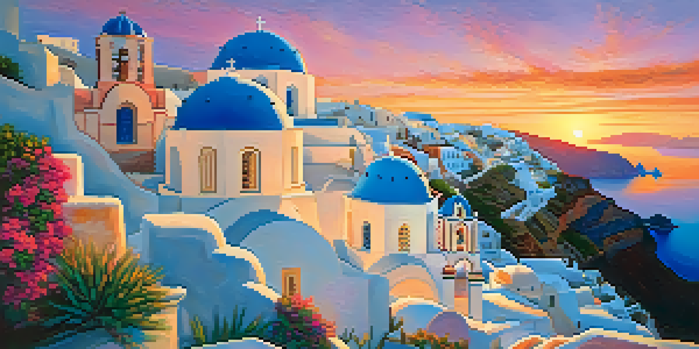 A stunning sunset view over Santorini's caldera, with white buildings and blue domes silhouetted against a colorful sky.