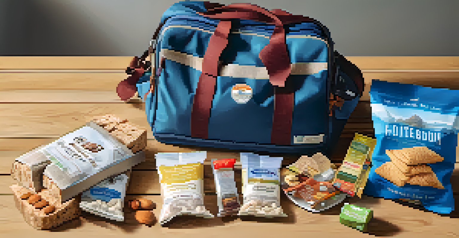 An open travel bag displaying gluten-free snacks, a guidebook, and a water bottle, arranged neatly on a wooden table.