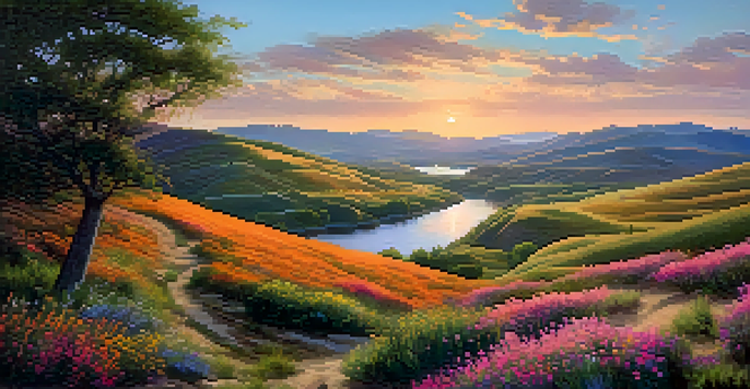 A tranquil landscape scene during sunset with colorful wildflowers and a winding river reflecting the sky's warm colors.