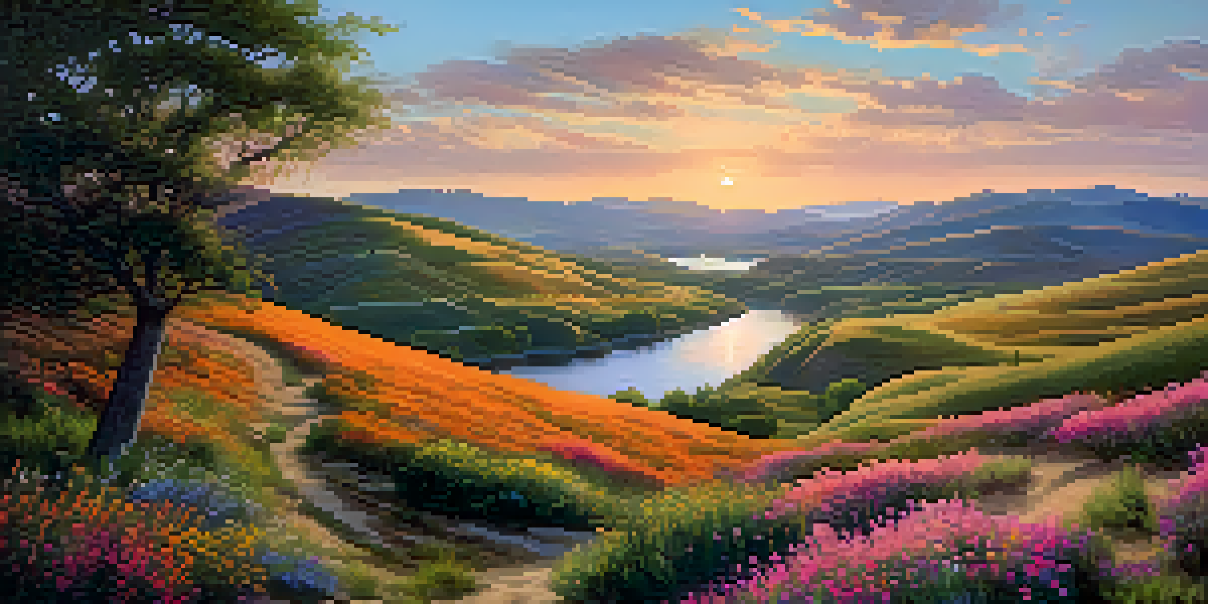 A tranquil landscape scene during sunset with colorful wildflowers and a winding river reflecting the sky's warm colors.
