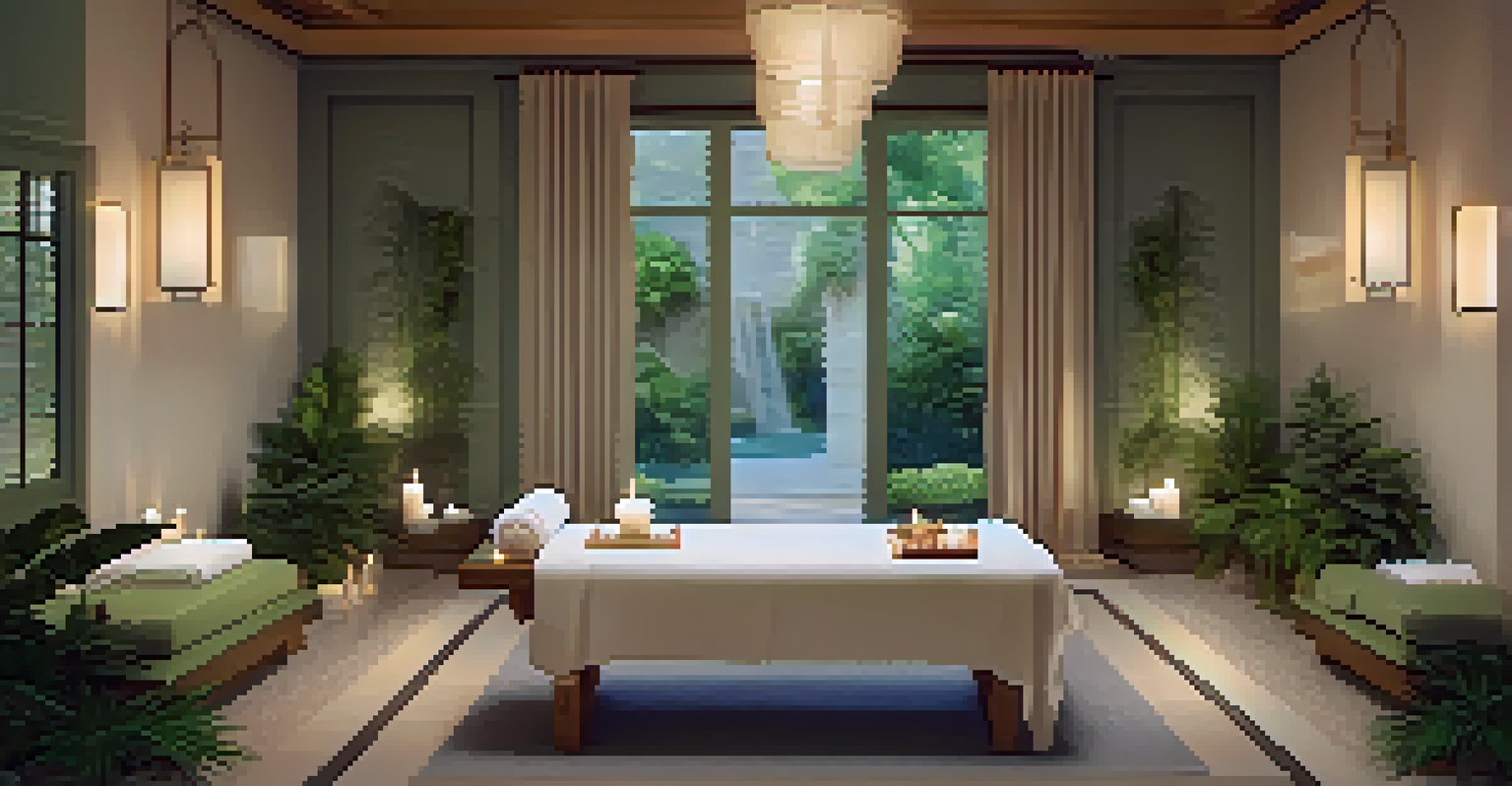 A calming spa treatment room with a massage table, candles, and greenery, designed for relaxation.