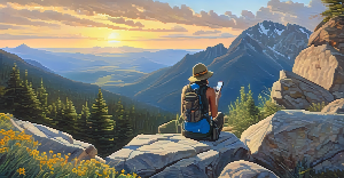 A hiker sitting on a rocky ledge, gazing at a sunset over mountains with a map and phone beside them.