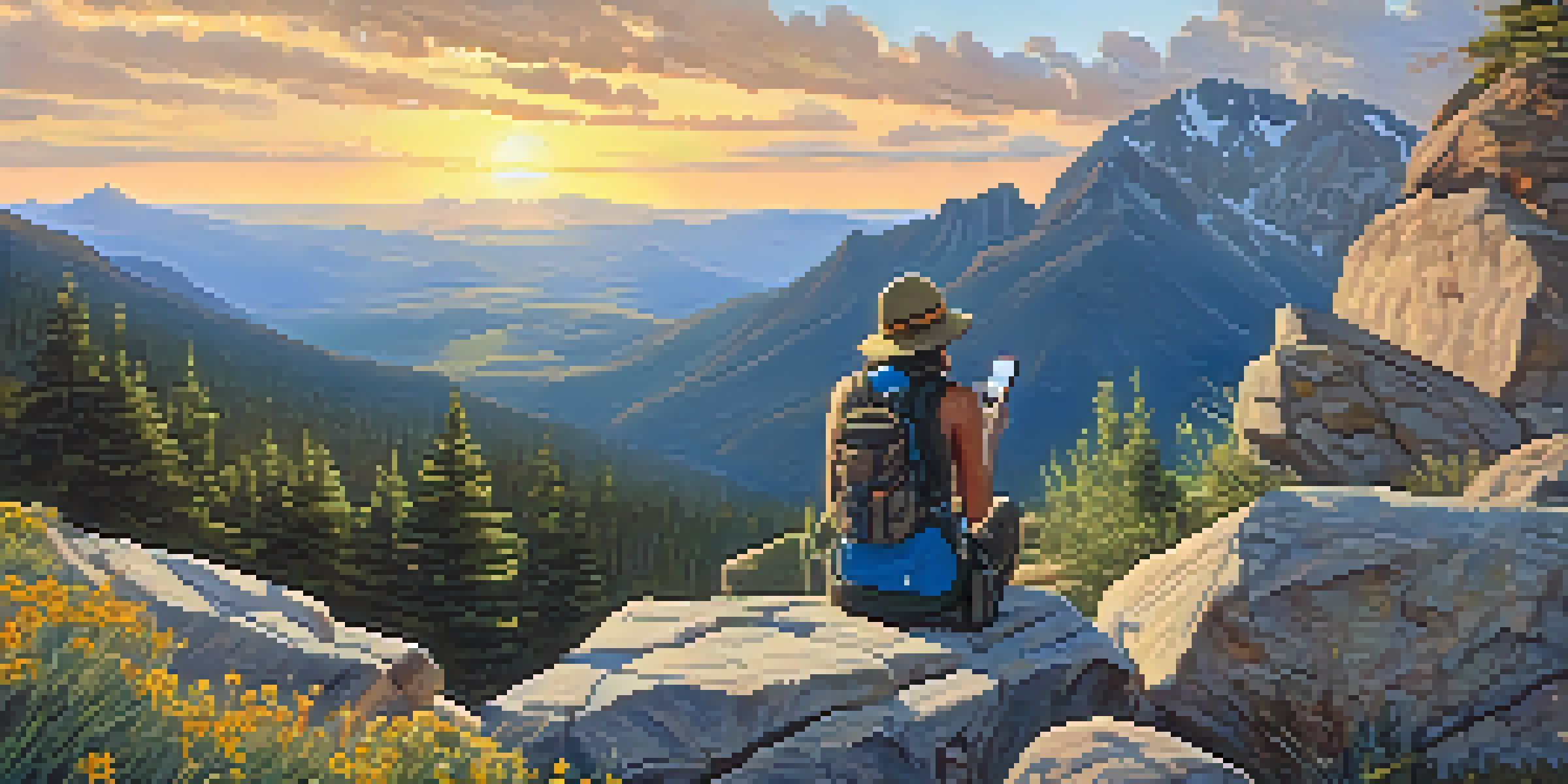 A hiker sitting on a rocky ledge, gazing at a sunset over mountains with a map and phone beside them.