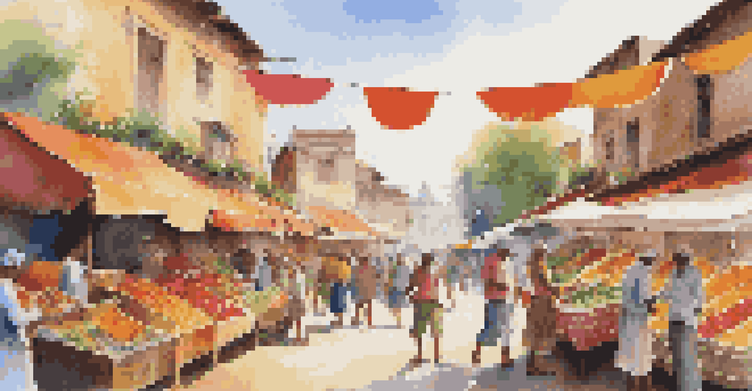 A lively open-air market with colorful stalls and people enjoying their shopping experience.