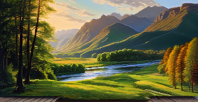 A scenic view of a winding river in a green valley with mountains in the background, illuminated by soft golden hour light.