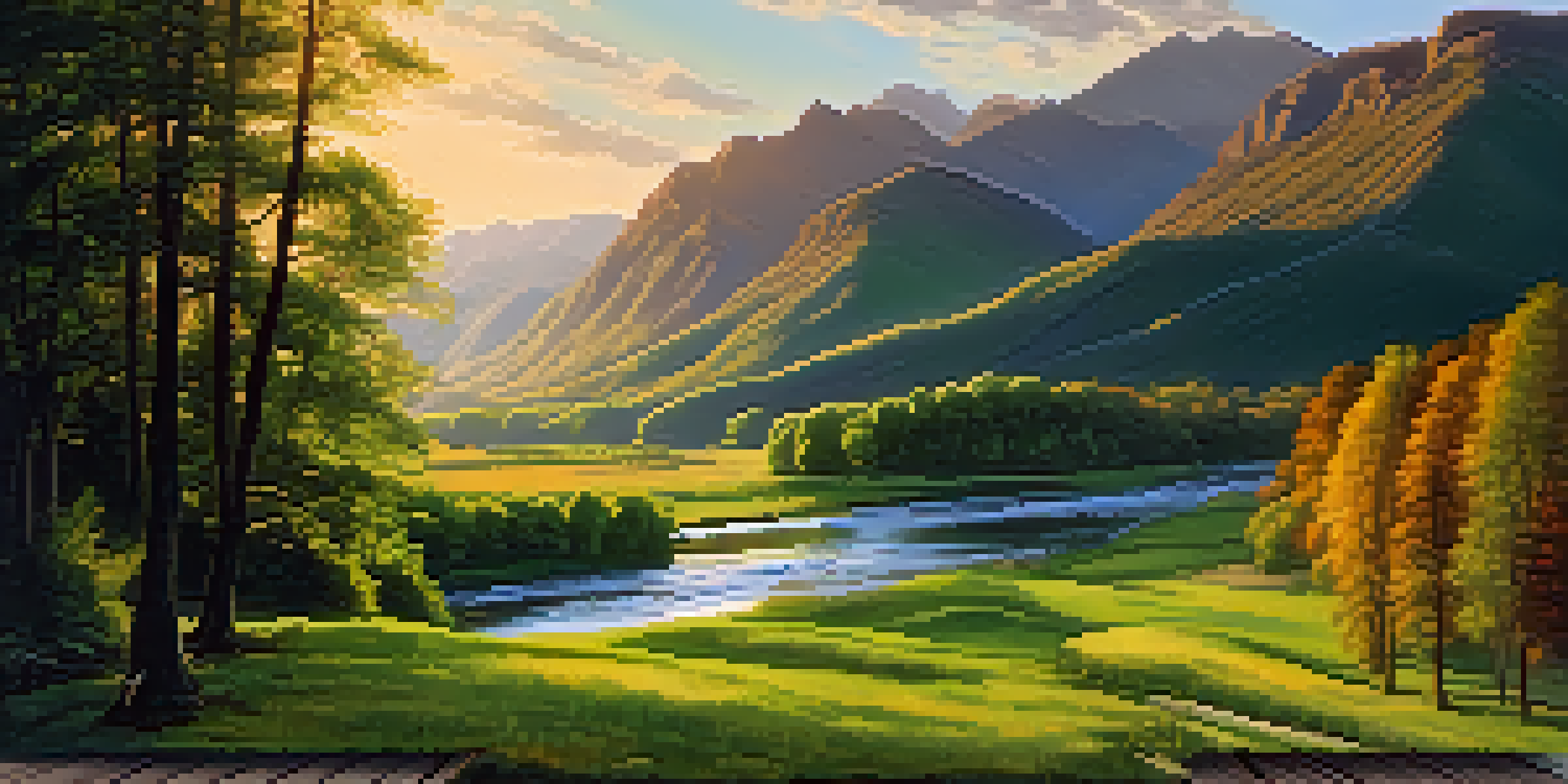 A scenic view of a winding river in a green valley with mountains in the background, illuminated by soft golden hour light.