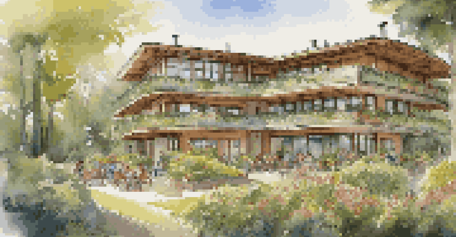 An eco-friendly hotel surrounded by nature, with travelers dining outdoors in the evening light.