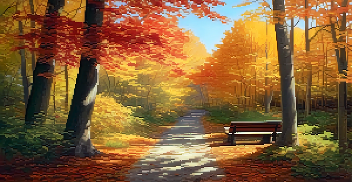 A peaceful autumn scene showcasing a forest path covered in colorful leaves with sunlight filtering through the trees.