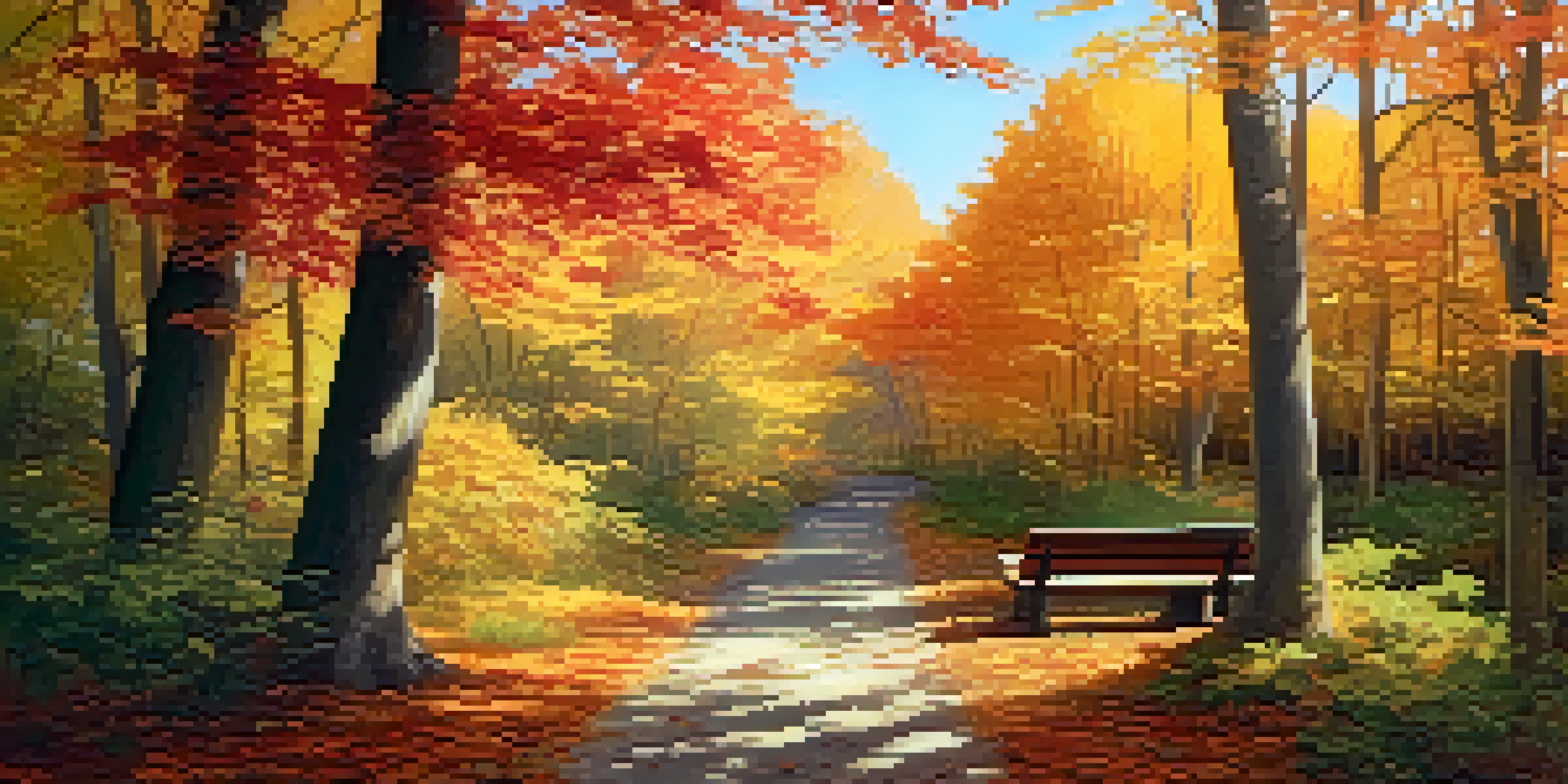 A peaceful autumn scene showcasing a forest path covered in colorful leaves with sunlight filtering through the trees.