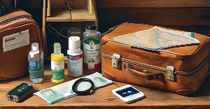 A travel emergency kit with first-aid supplies, medications, and a portable charger on a wooden table, with soft lighting and a travel-themed background.