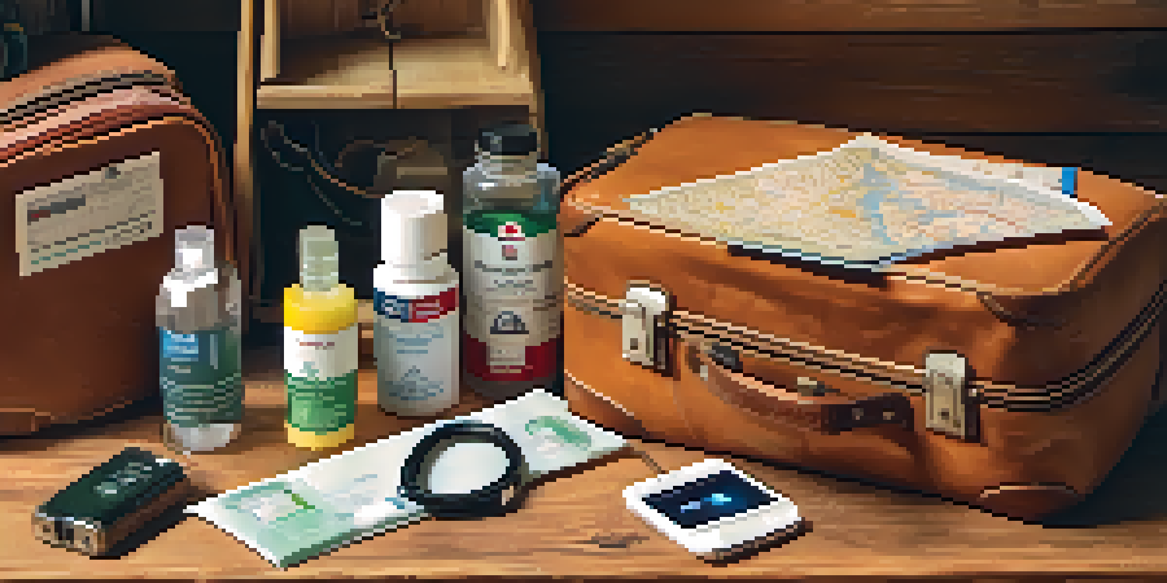 A travel emergency kit with first-aid supplies, medications, and a portable charger on a wooden table, with soft lighting and a travel-themed background.