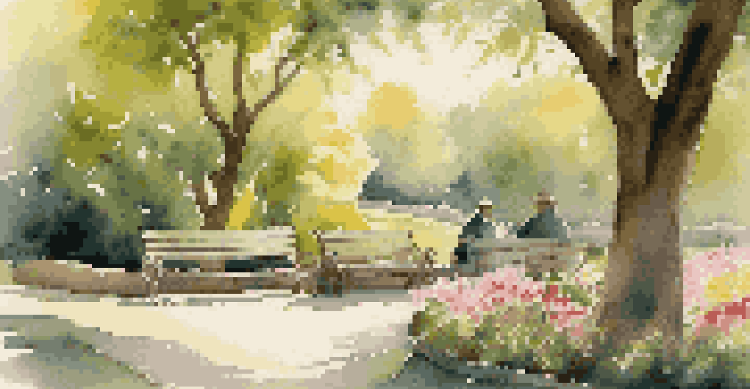 A local guide discussing the history of a tranquil park with travelers, surrounded by lush greenery and flowers in soft golden light.