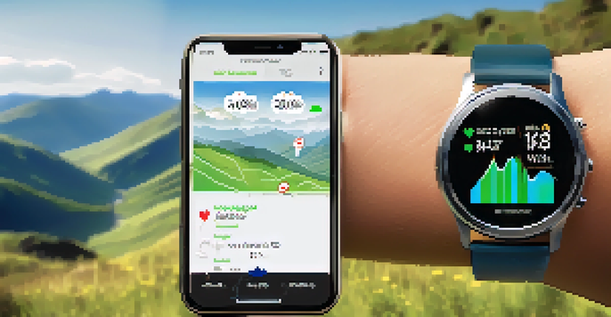 A smartwatch showing health metrics and GPS tracking while a traveler hikes in a mountainous area, with green hills and a blue sky in the background.