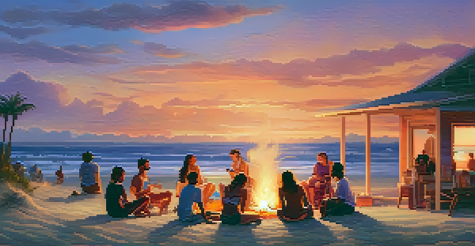 A group of friends gathered around a bonfire on the beach at sunset, surrounded by colorful skies and gentle waves.