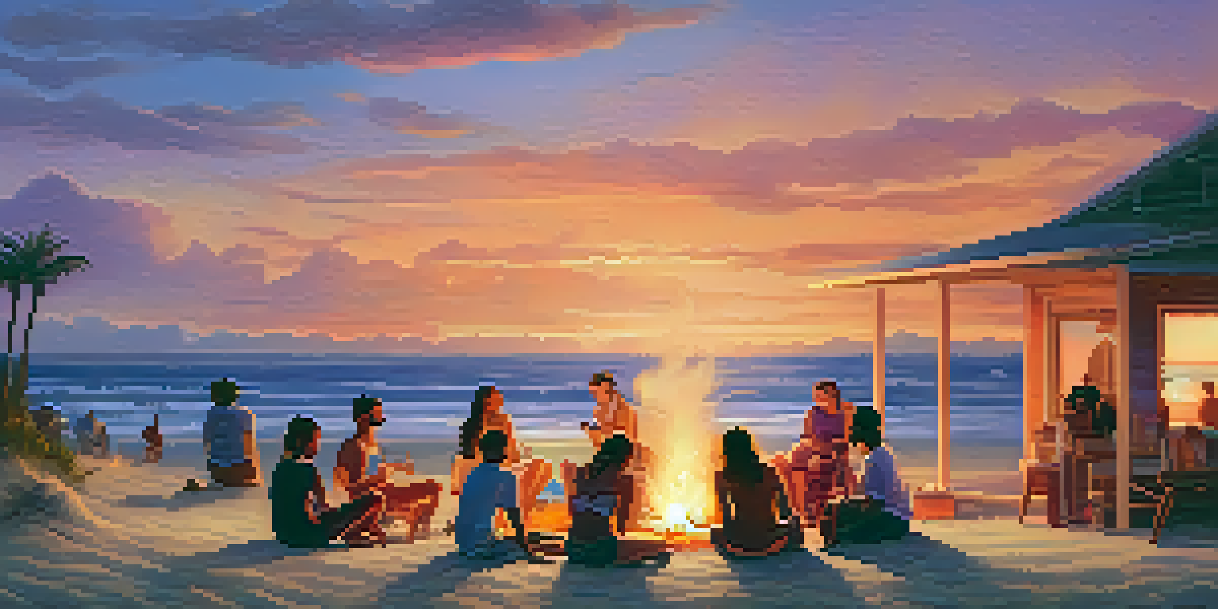 A group of friends gathered around a bonfire on the beach at sunset, surrounded by colorful skies and gentle waves.