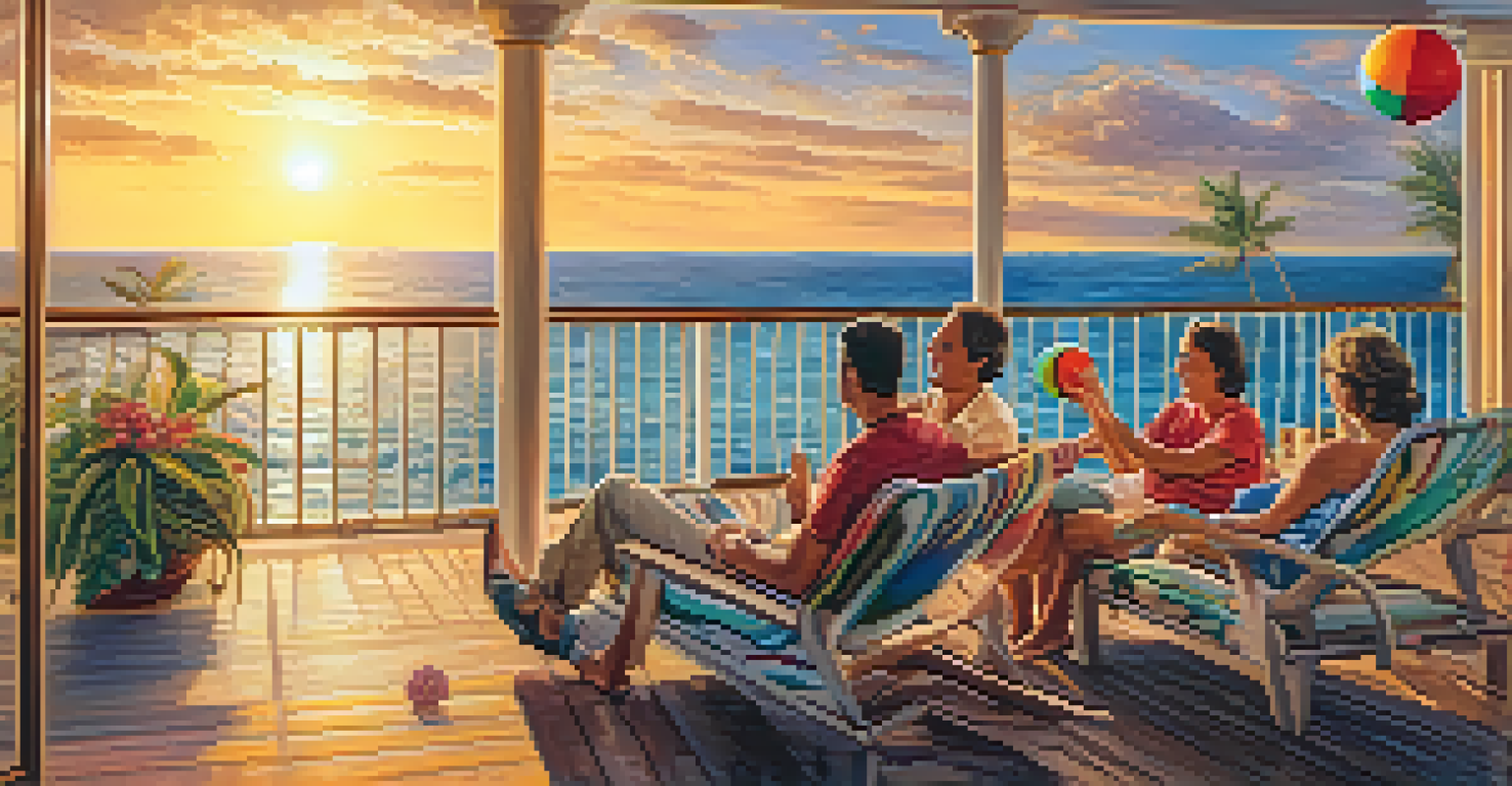 A family playing with a beach ball on a cruise ship deck during sunset, with colorful lounge chairs and ocean waves.