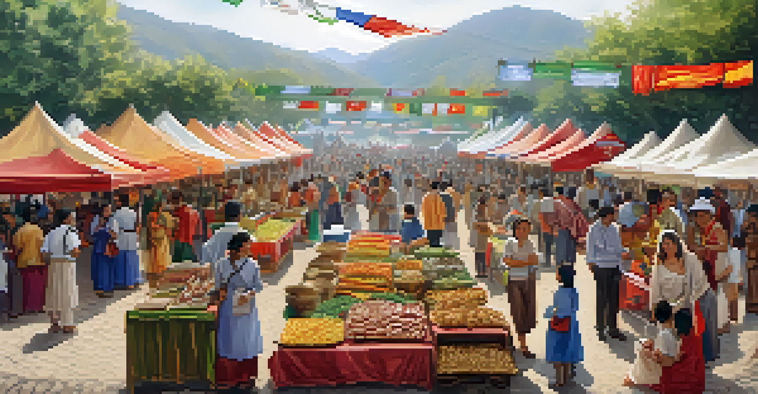 A vibrant cultural exchange festival with various stalls, people interacting, and traditional decorations under a colorful banner.