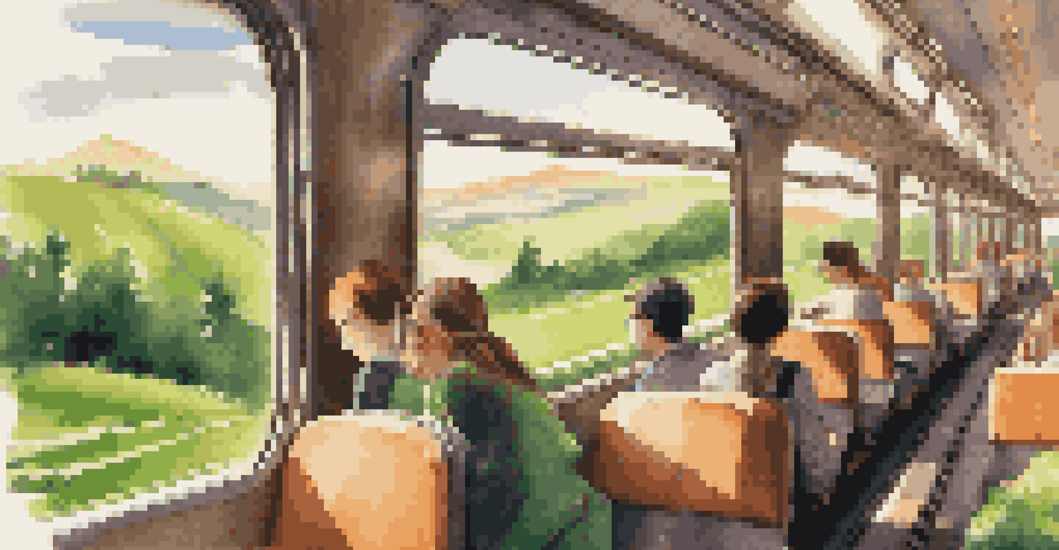 Students inside a modern train looking out the window at lush green landscapes during their academic travels.