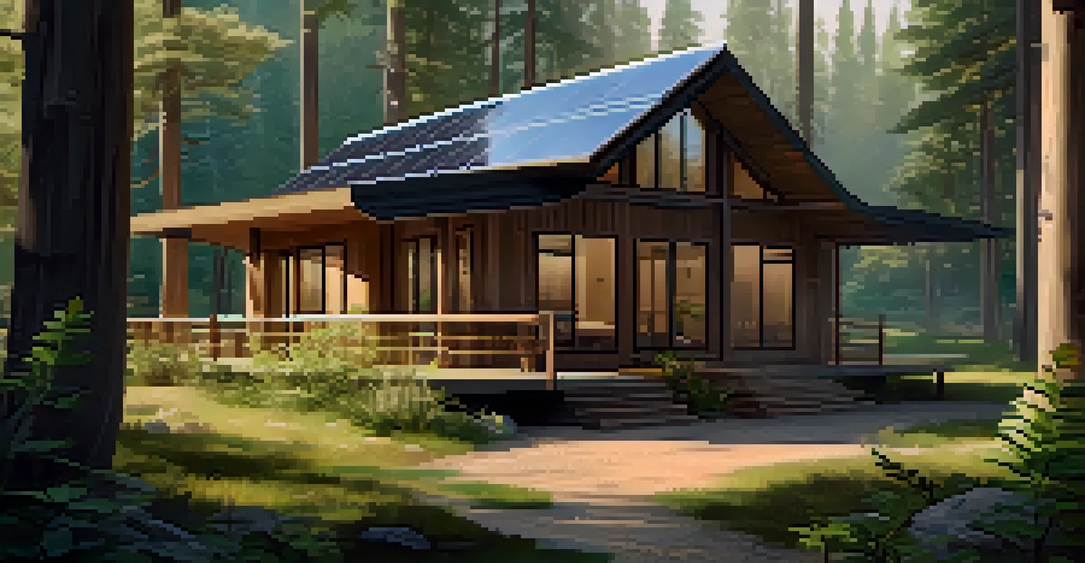 An eco-friendly wooden cabin surrounded by nature with sunlight filtering through the trees.