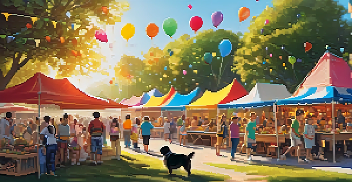 A lively festival with people, colorful stalls, and pets playing, creating a joyful atmosphere.