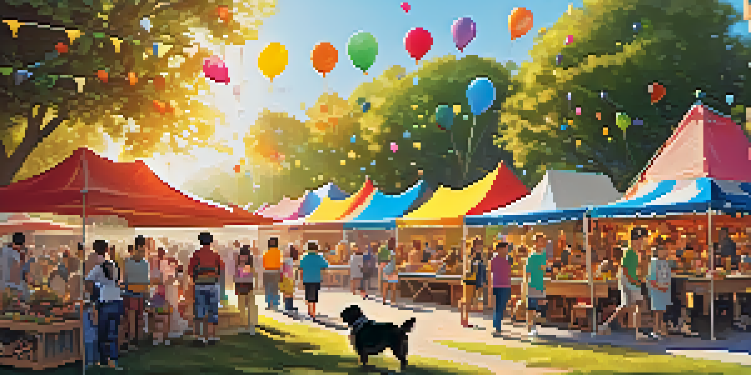 A lively festival with people, colorful stalls, and pets playing, creating a joyful atmosphere.
