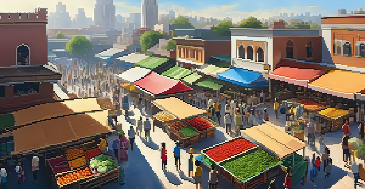 Aerial view of a busy market with colorful stalls and people shopping for fresh produce and crafts.