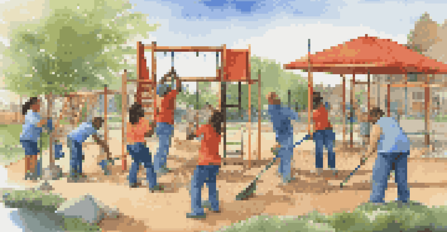 A diverse group of volunteers collaborating on building a playground, showcasing teamwork and joy in a bright outdoor setting.