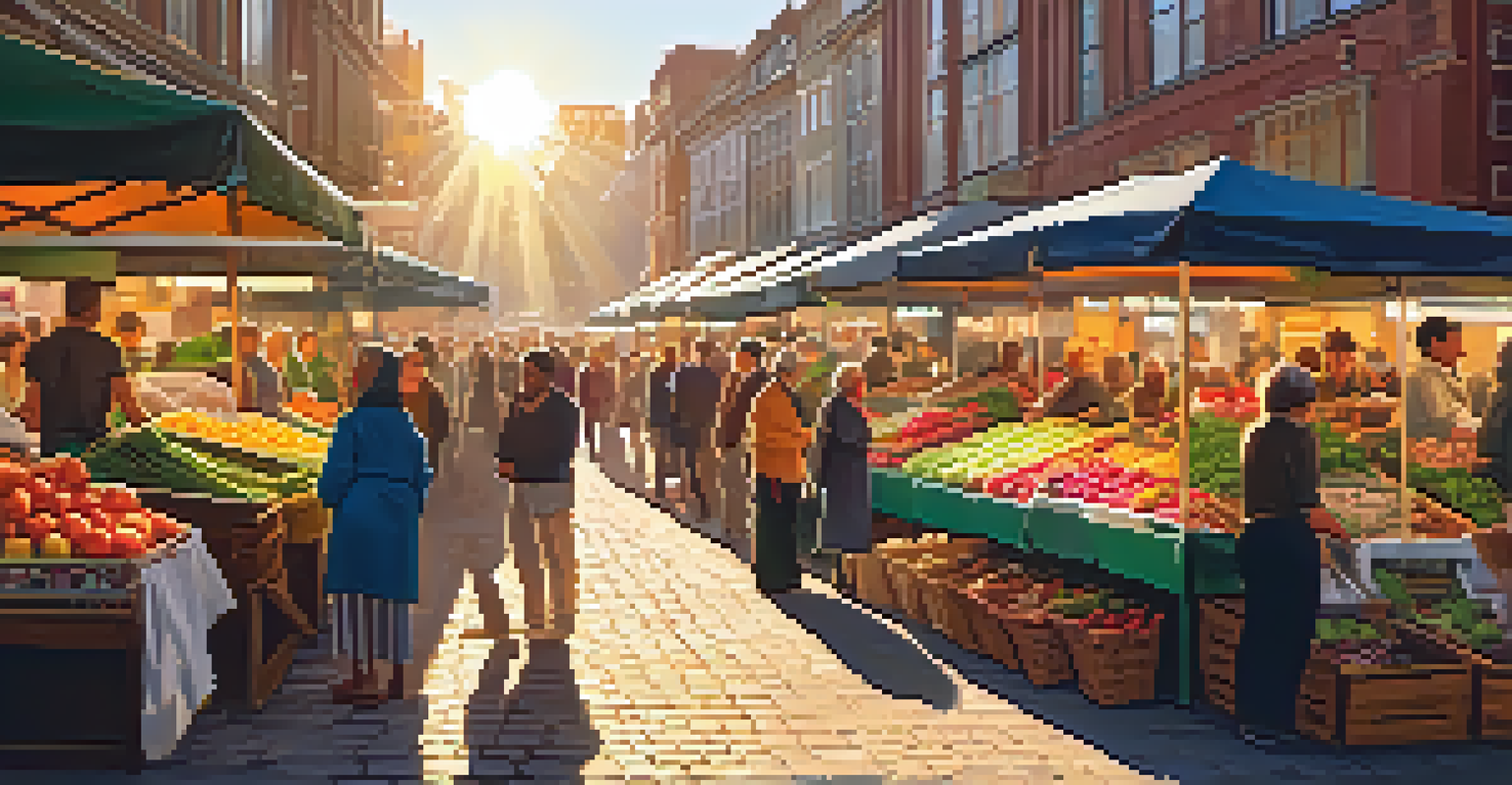 A lively city market during sunset, with stalls of fruits and flowers and a photographer capturing the scene.