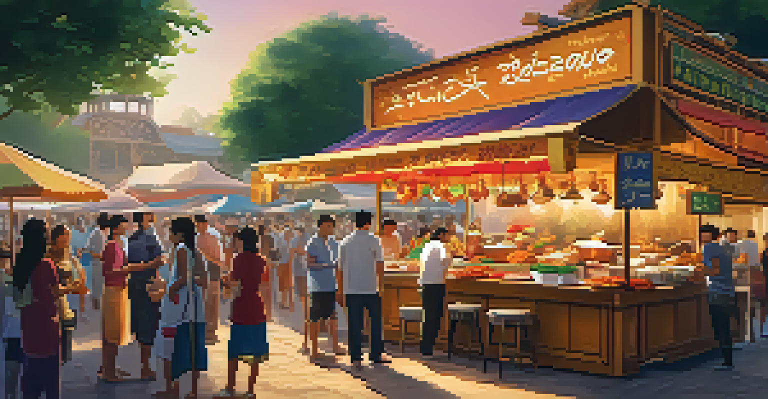 A food stall at a local festival offering a variety of regional dishes, with festival-goers sampling food in a warm, inviting setting.