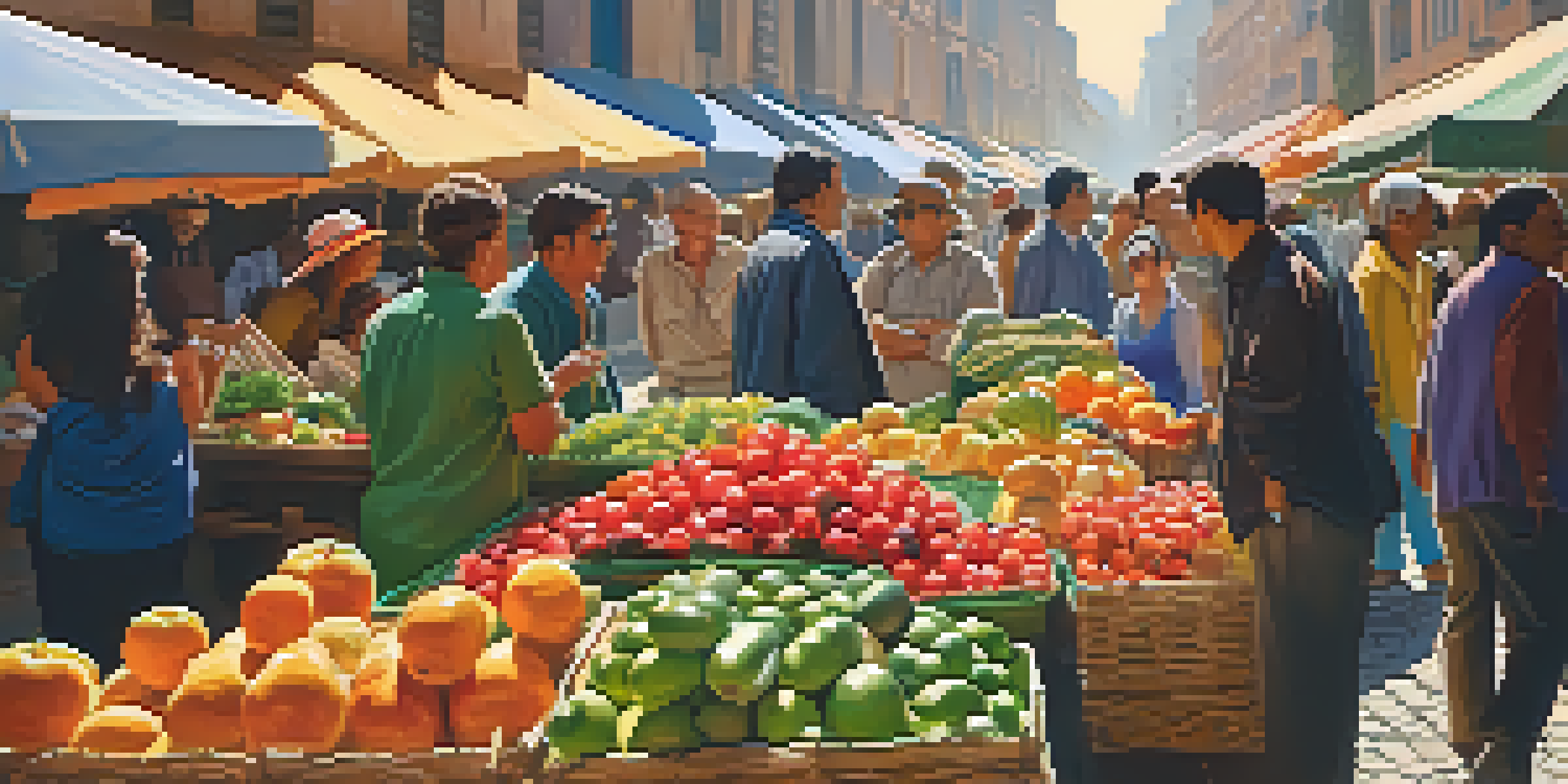 A diverse group of people interacting at a lively market, surrounded by colorful stalls of fruits and vegetables under warm sunlight.