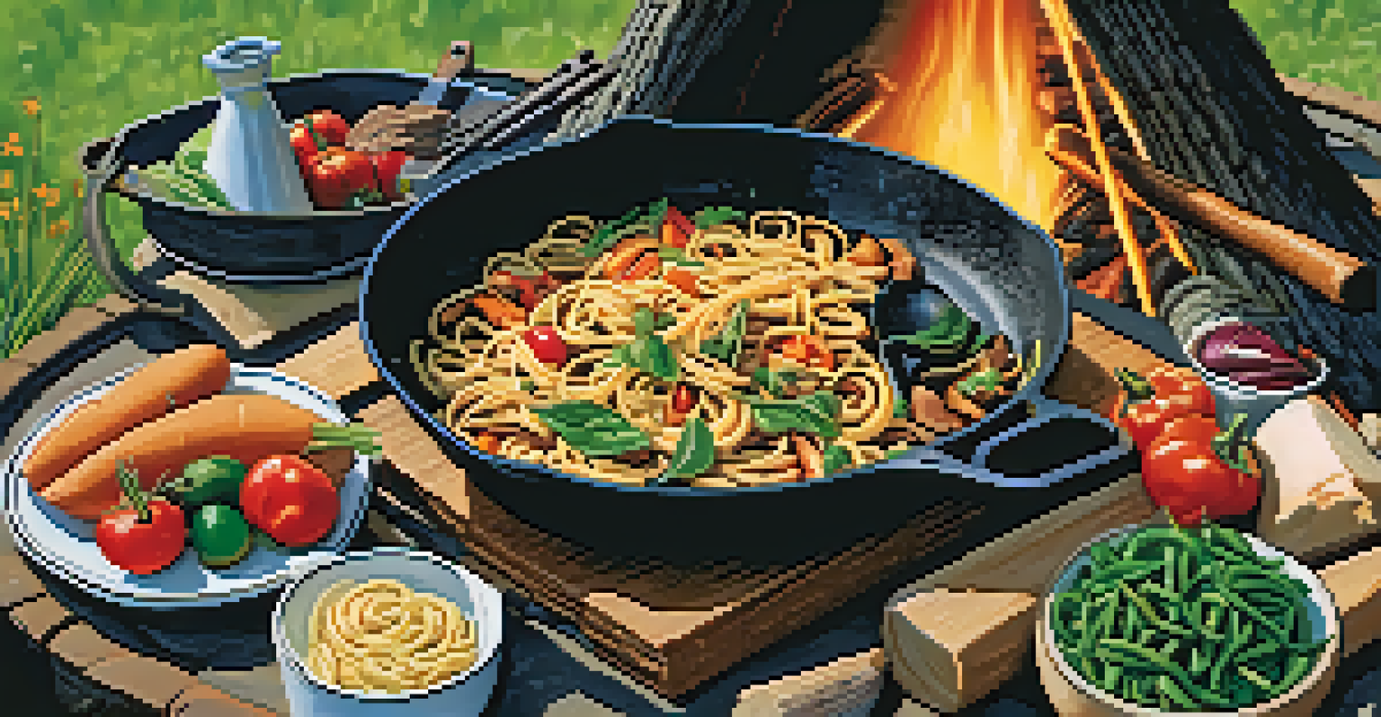 A close-up of a campfire cooking scene with pasta and vegetables in a skillet surrounded by camping utensils.