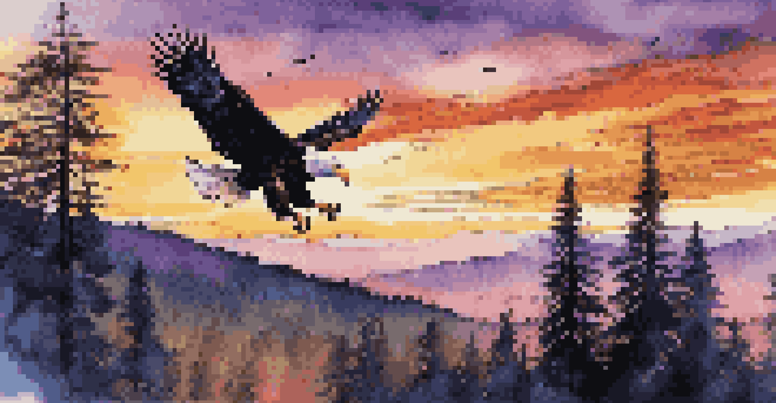 A bald eagle soaring against a vibrant sunset sky, with a silhouette of a pine forest below.