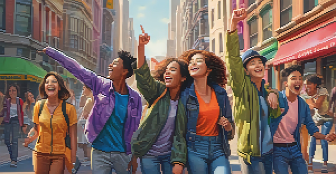 A diverse group of teenagers participating in a scavenger hunt in a colorful city, showing excitement and joy as they look at a landmark.