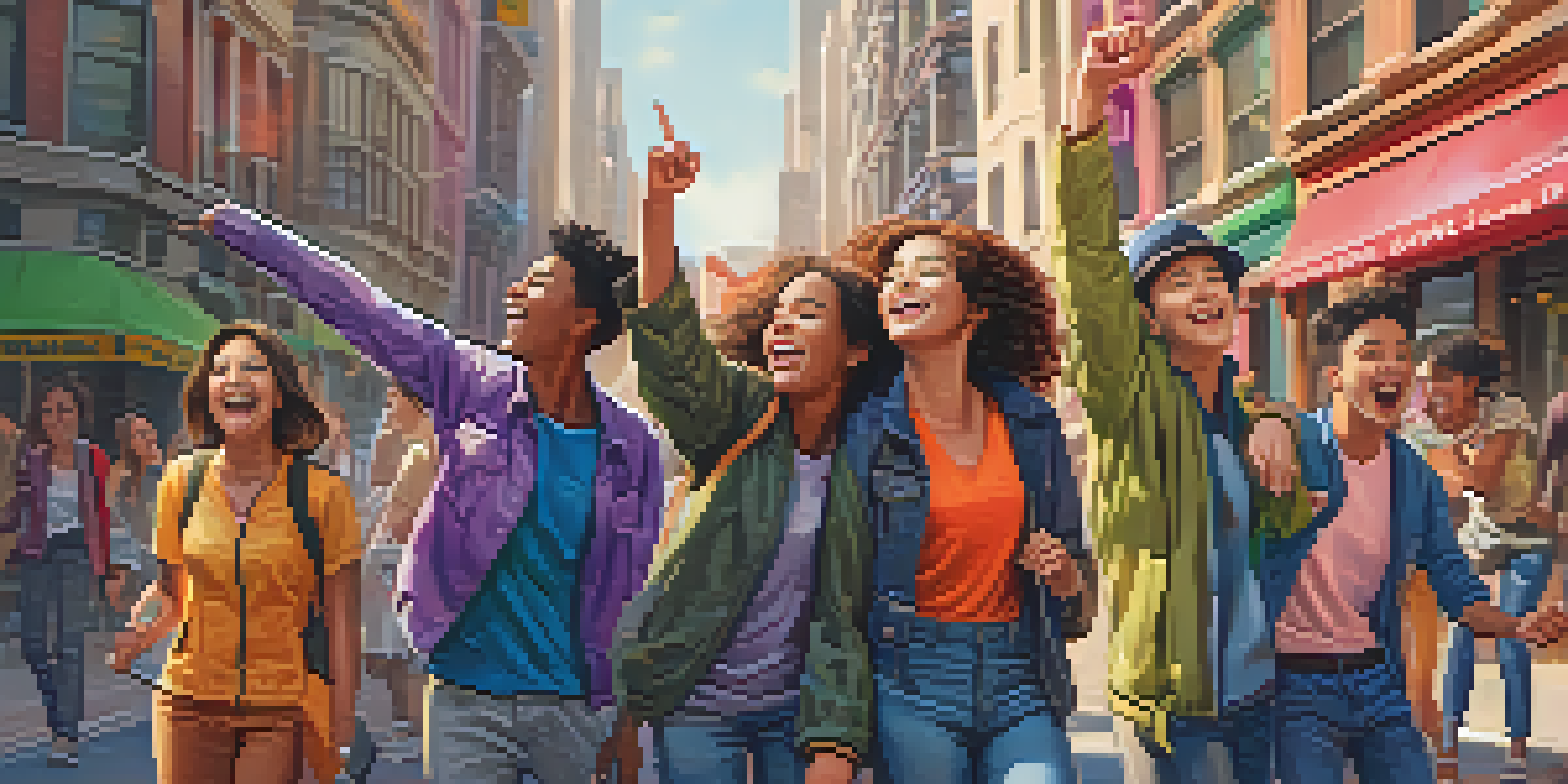 A diverse group of teenagers participating in a scavenger hunt in a colorful city, showing excitement and joy as they look at a landmark.