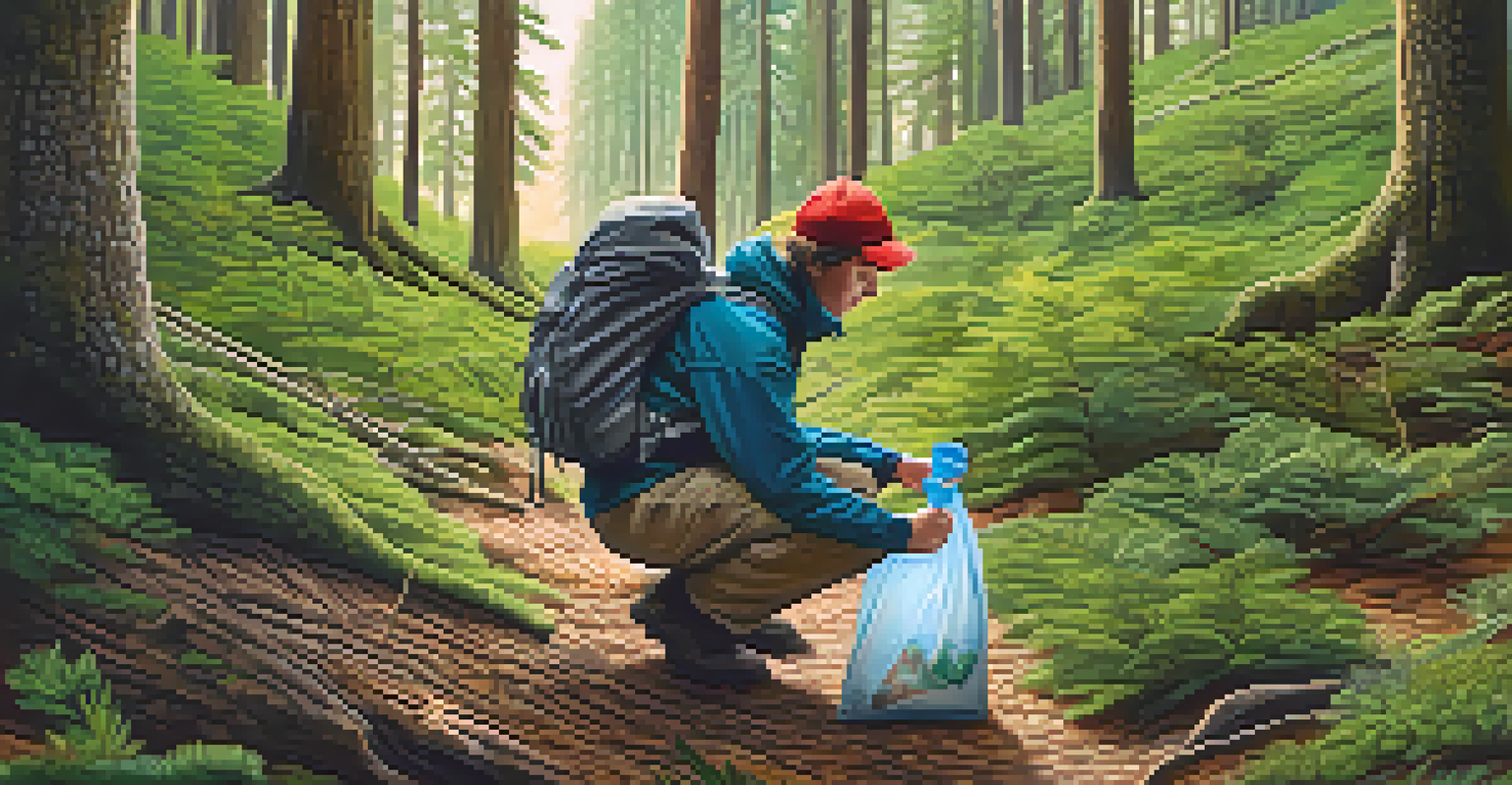 A traveler picking up litter in a natural setting to practice responsible tourism.