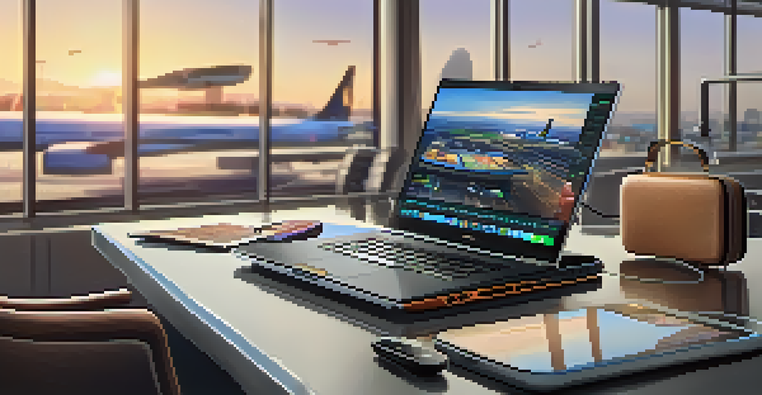 An ergonomic laptop setup in an airport lounge, featuring a laptop stand, external keyboard, and noise-canceling headphones.
