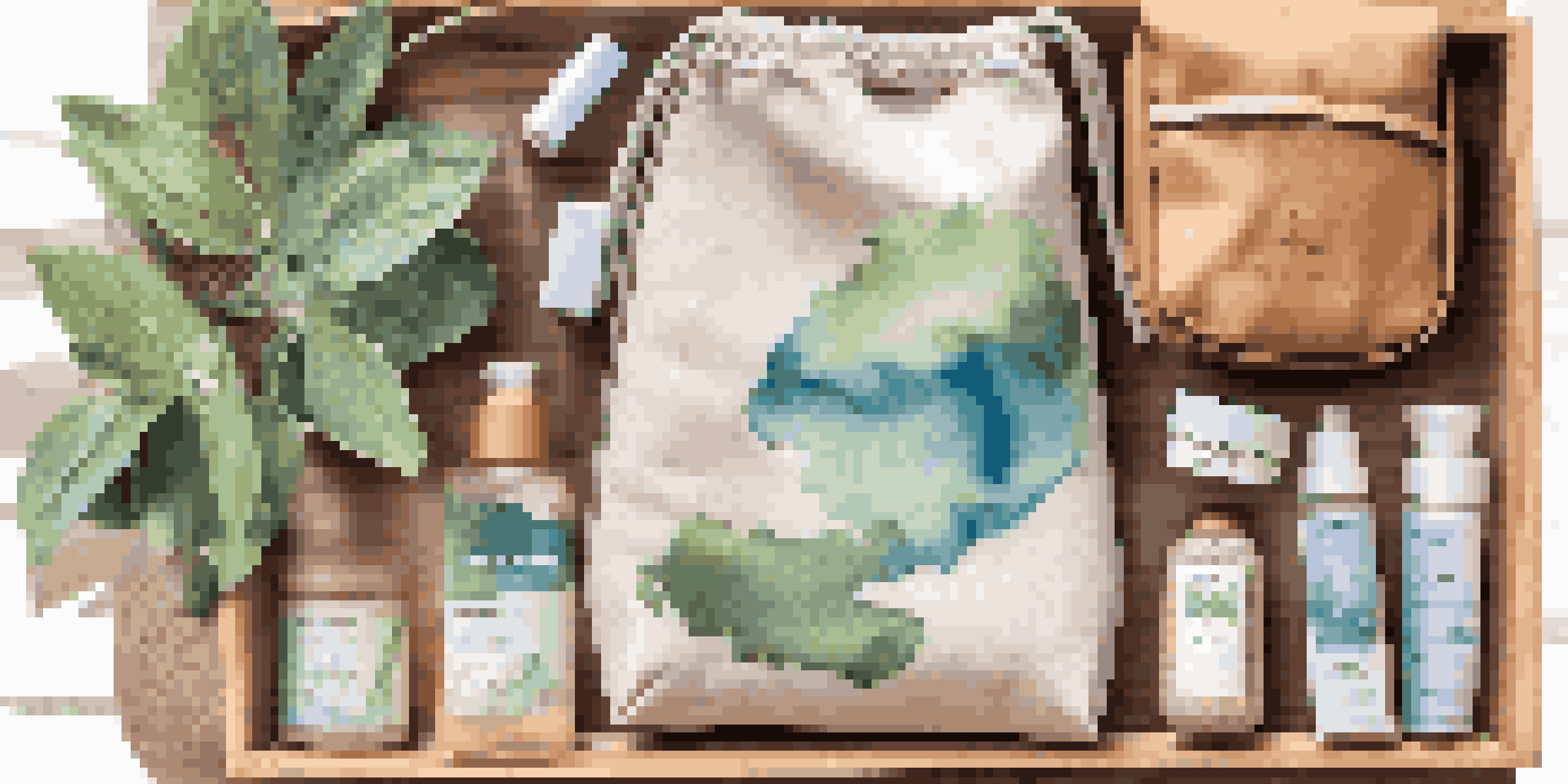 An eco-friendly travel setup with a sustainable bag and reusable packing organizers on a wooden table, illuminated by natural light.
