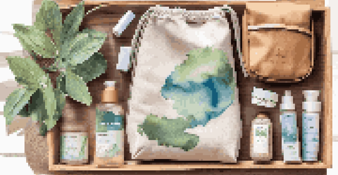 An eco-friendly travel setup with a sustainable bag and reusable packing organizers on a wooden table, illuminated by natural light.