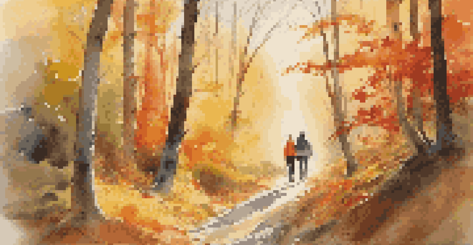 A scenic hiking trail in a colorful autumn forest with a couple walking hand-in-hand.
