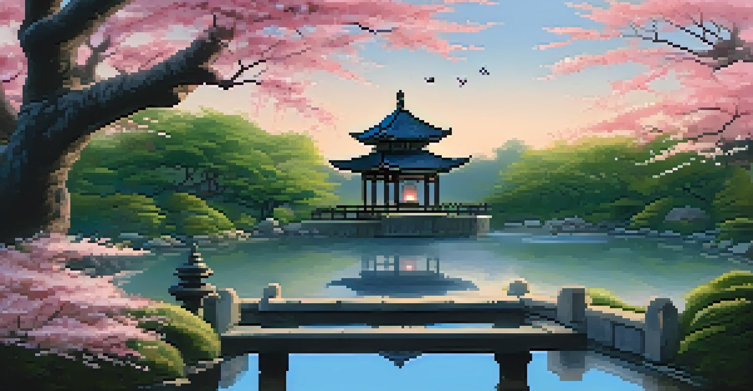 A tranquil Japanese garden at dusk with cherry blossoms and a reflection in a pond, showcasing a peaceful atmosphere.