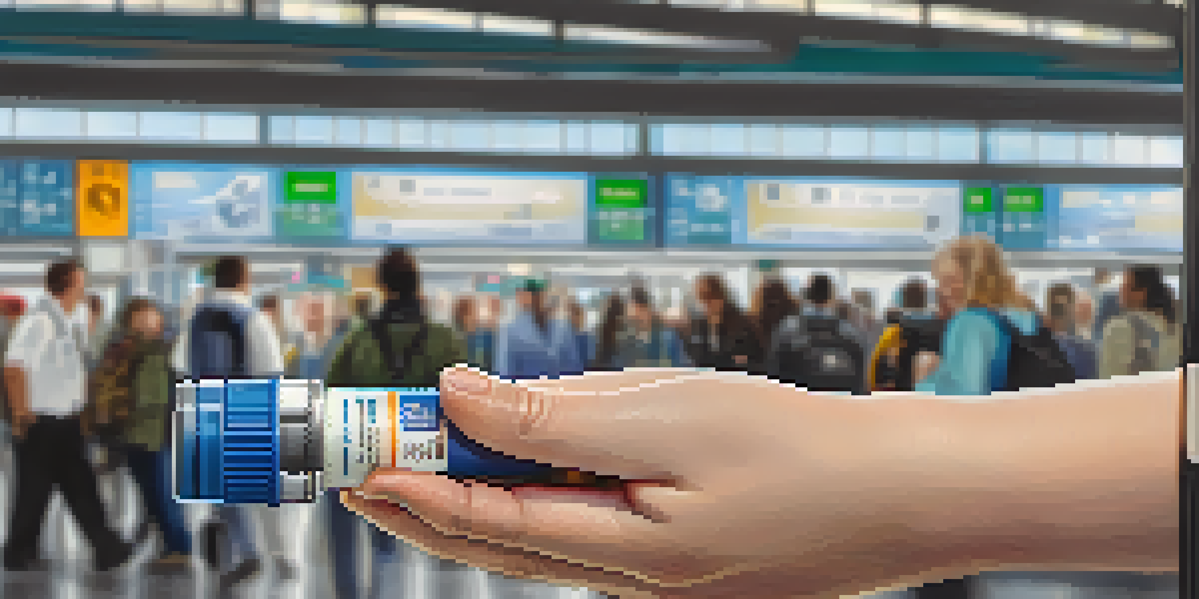 A close-up of a hand holding an epinephrine auto-injector in an airport terminal, with travelers blurred in the background.