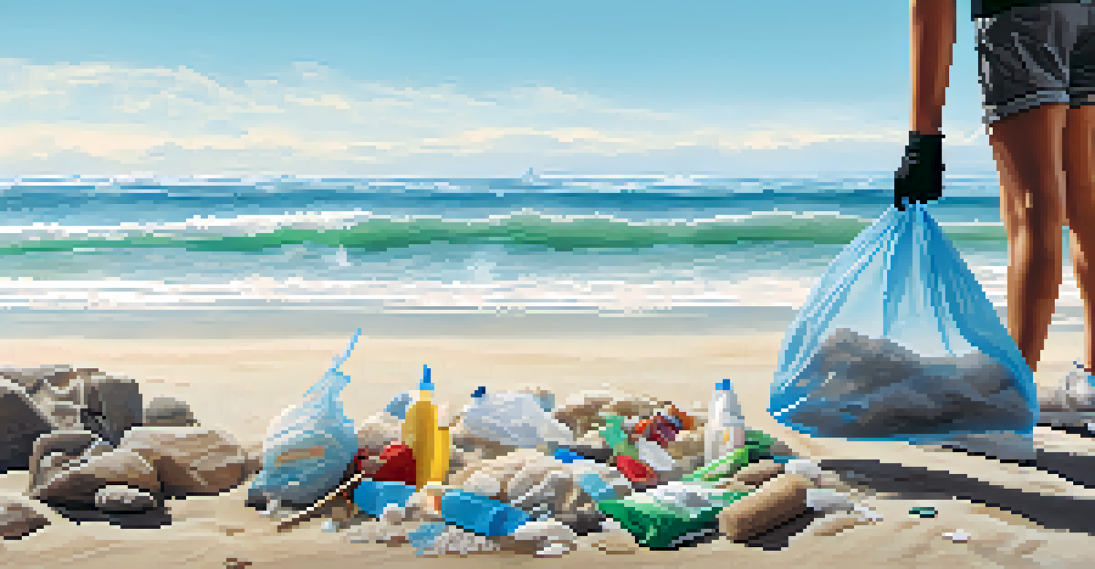 A traveler actively participating in a beach clean-up, collecting plastic waste on a beautiful beach.
